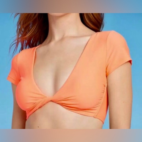 WILD FABLE Women's Twist-Front Short Sleeve Bralette Orange Bikini Top SizeS NWT - Picture 3 of 5